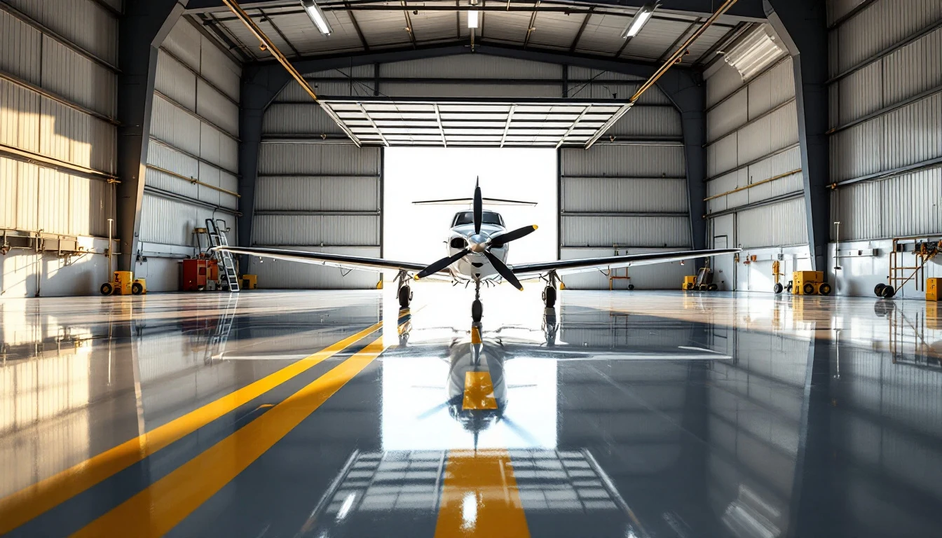 Aircraft hangar with a glossy gray epoxy floor and line striping