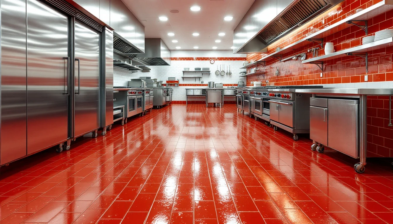 Restaurant kitchen with seamless epoxy floor and integral cove base