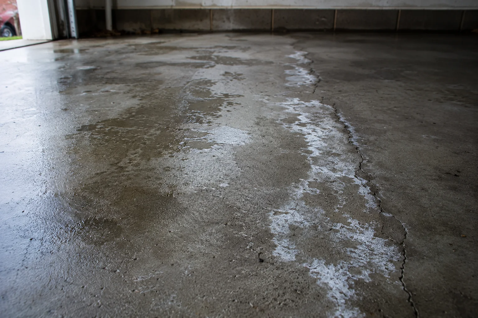 Damp garage slab with dark moisture patches and white efflorescence along a crack
