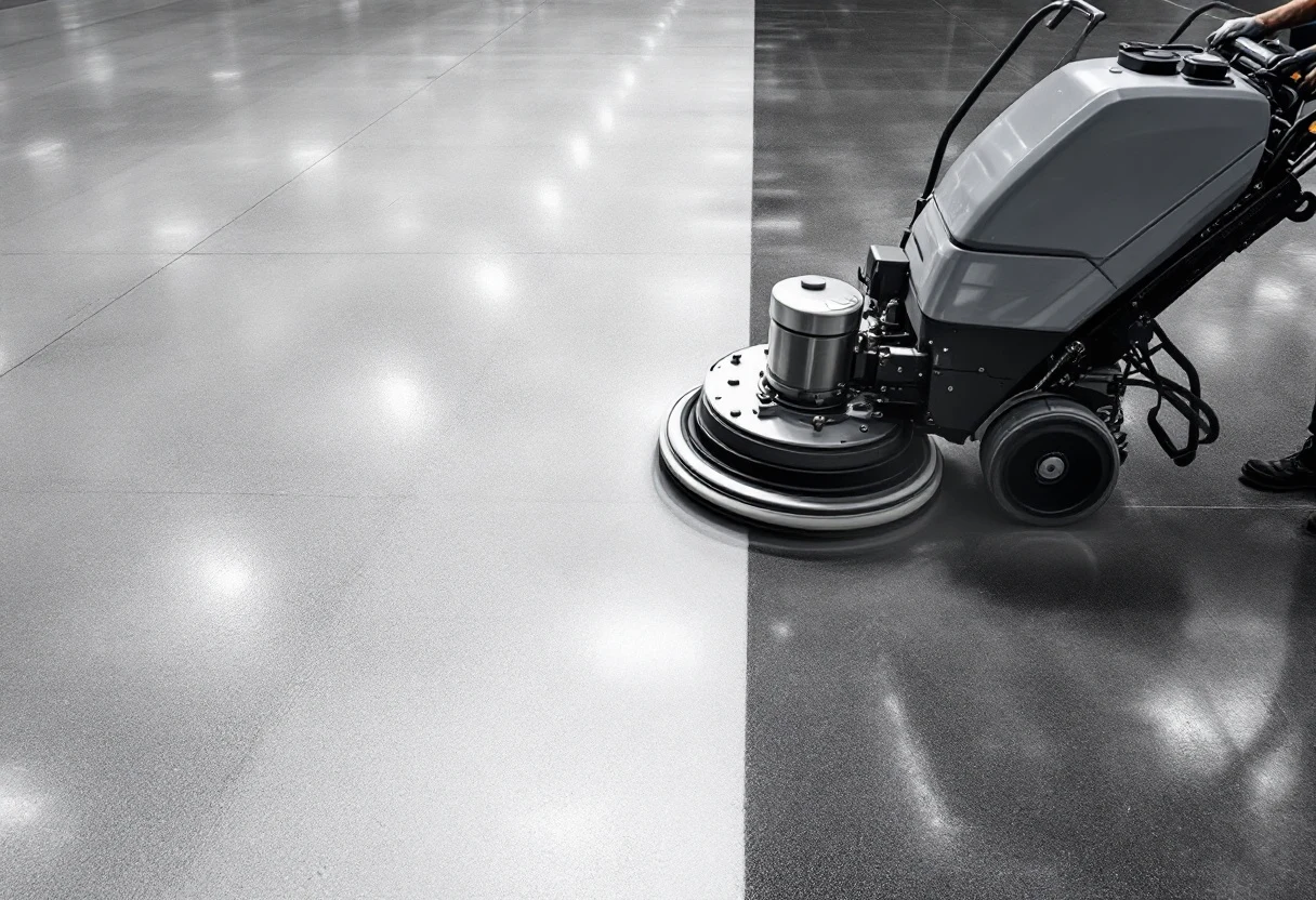 Polishing machine mid-pass, the finished half of the slab reflecting overhead lights