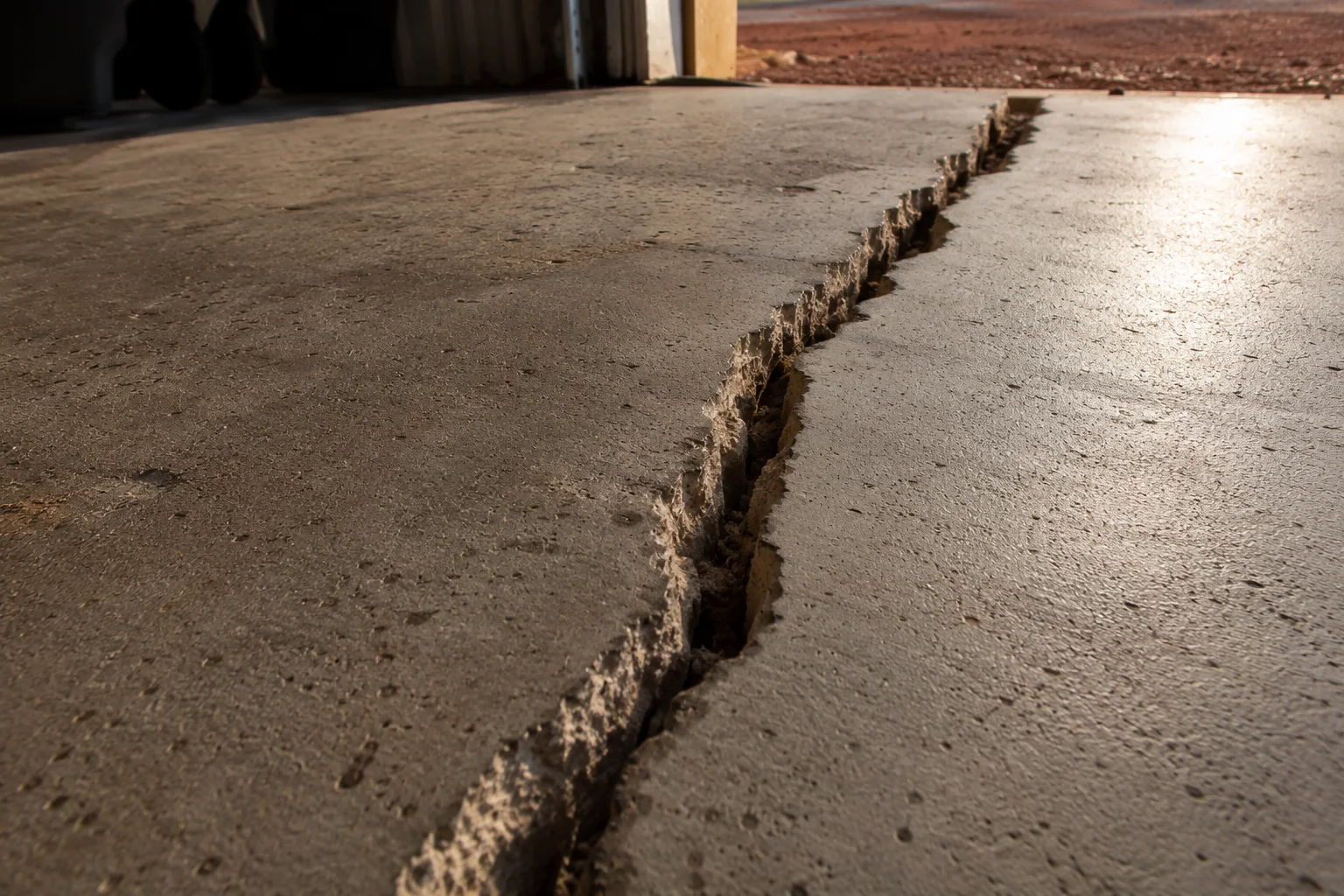 Long jagged crack through a garage slab with red clay soil visible at the door edge