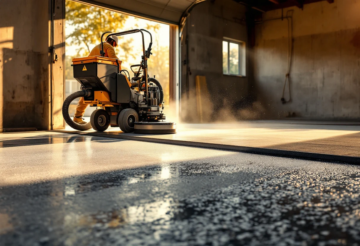 Diamond grinding machine resurfacing a garage slab, dust shroud attached