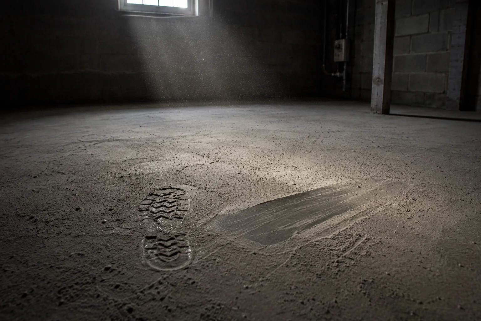 Basement concrete floor coated in fine dust with a boot print and a wiped streak