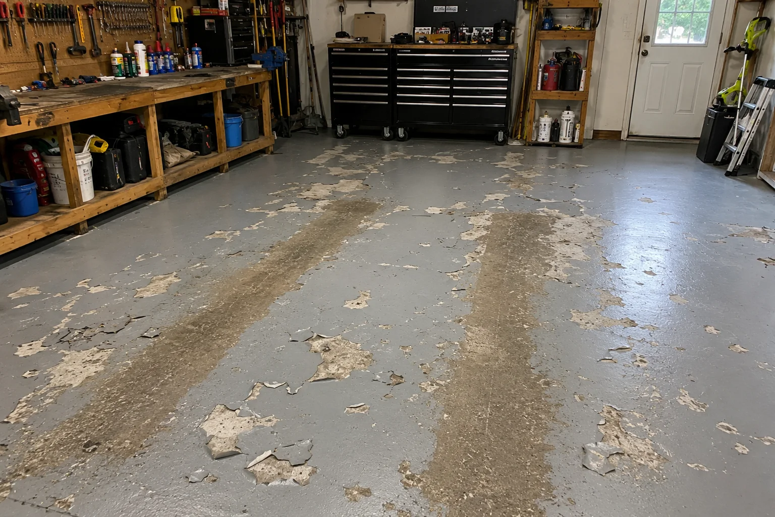 Gray epoxy paint peeling off a shop floor in sheets along both tire paths