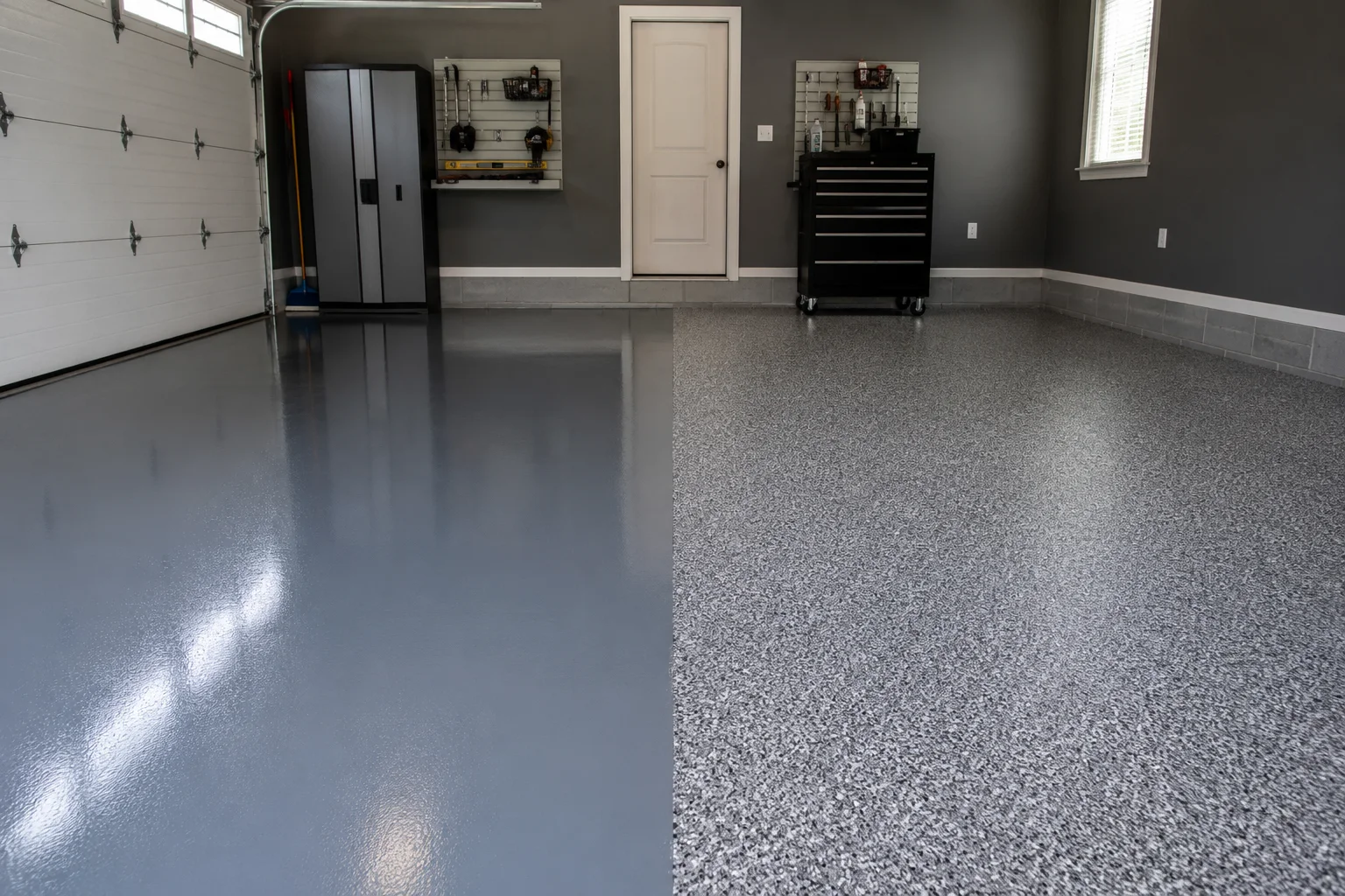 Garage floor split down the middle: solid slate-gray coating on the left, gray flake broadcast on the right