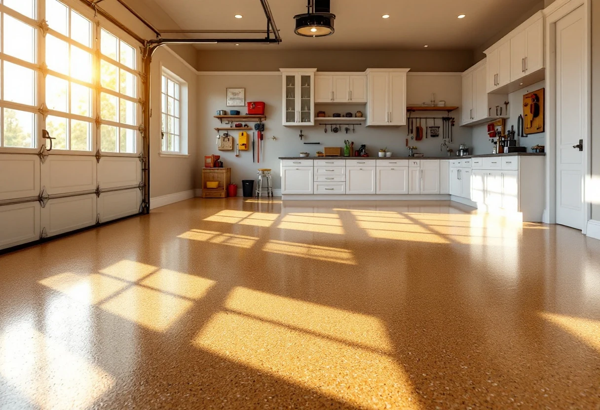 Three-car garage with a tan and brown flake-coated floor