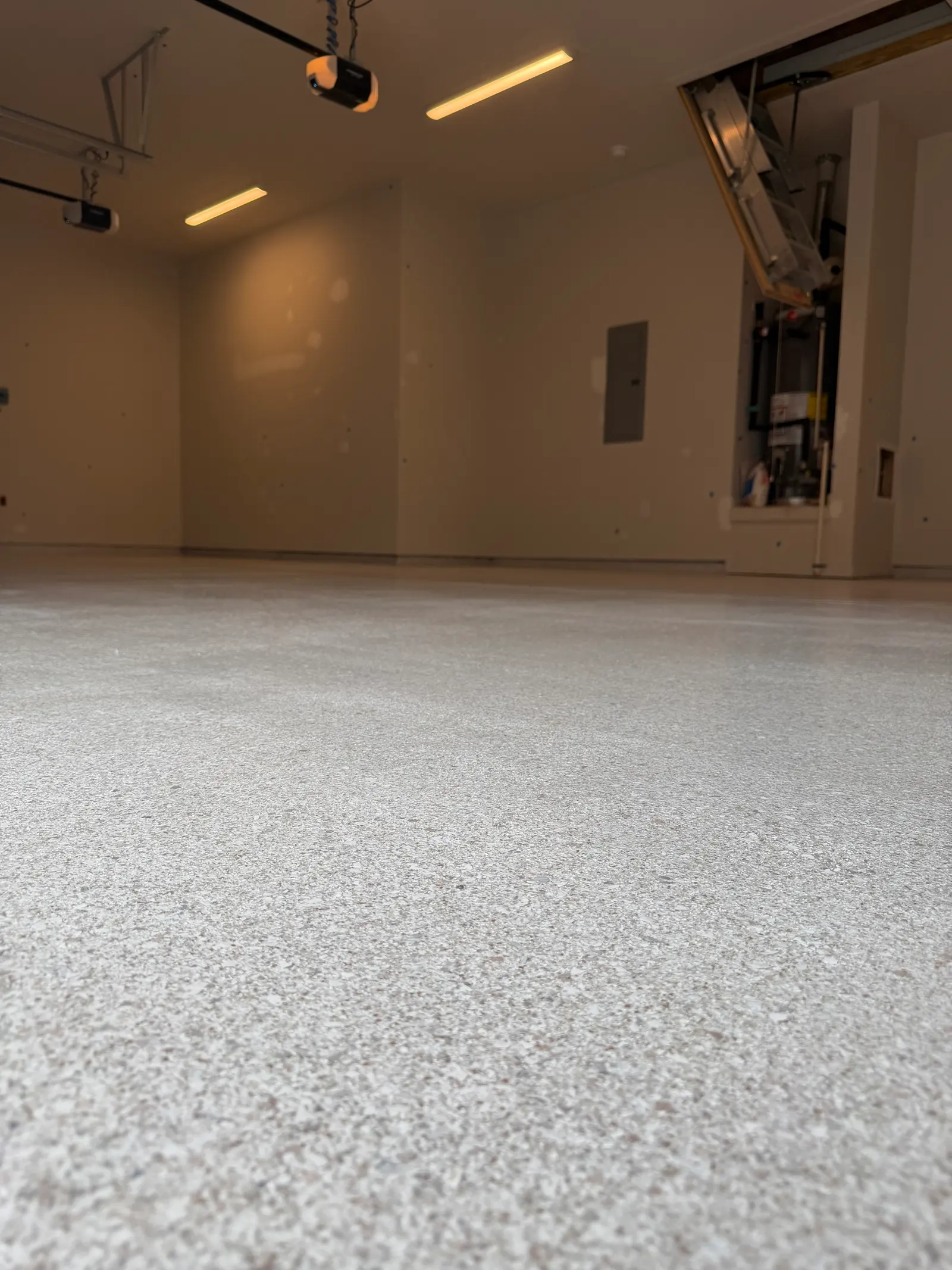 Finished light flake garage floor shot low across the surface, glossy topcoat