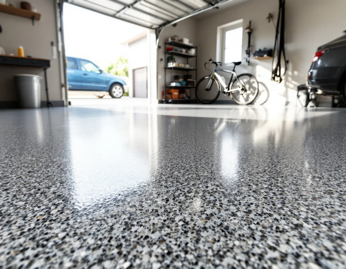 Two-car garage with gray gravel-tone flake coated floor