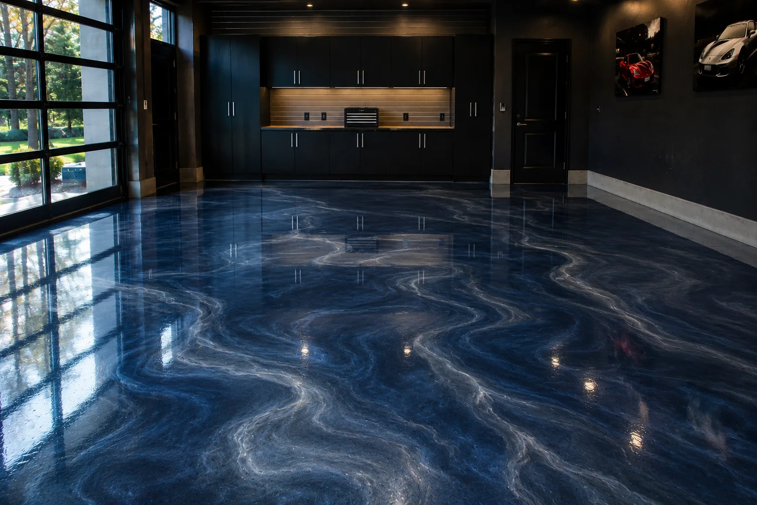 Same garage with a deep blue metallic epoxy floor, silver pearlescent swirls