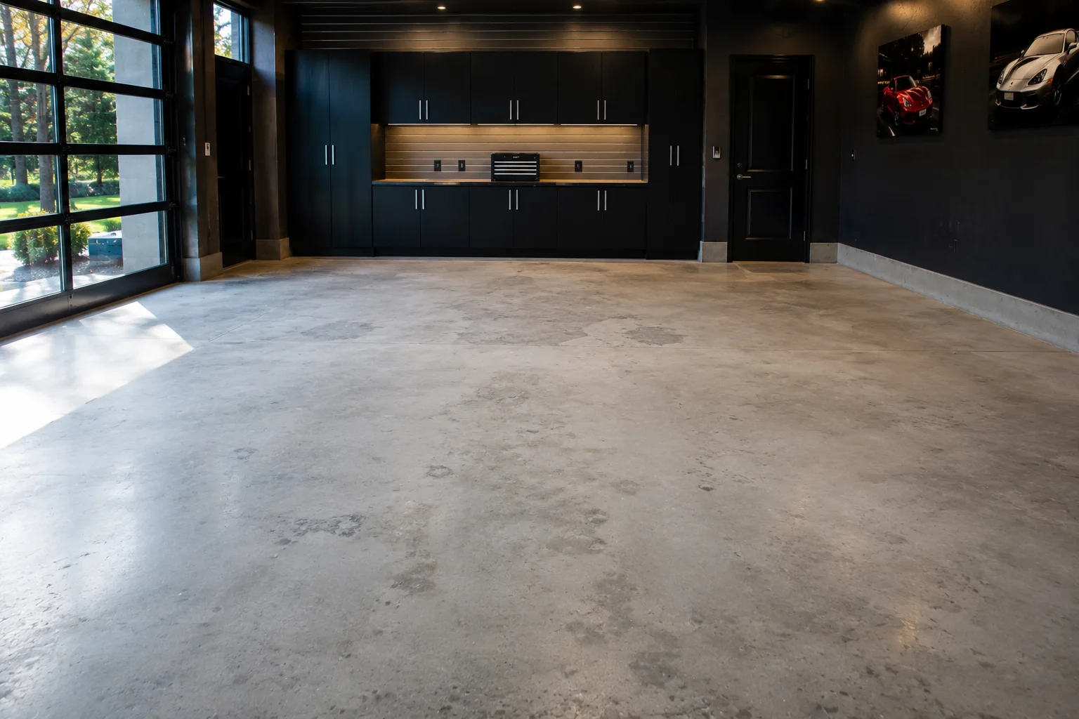 Upscale dark garage with a plain stained bare concrete floor