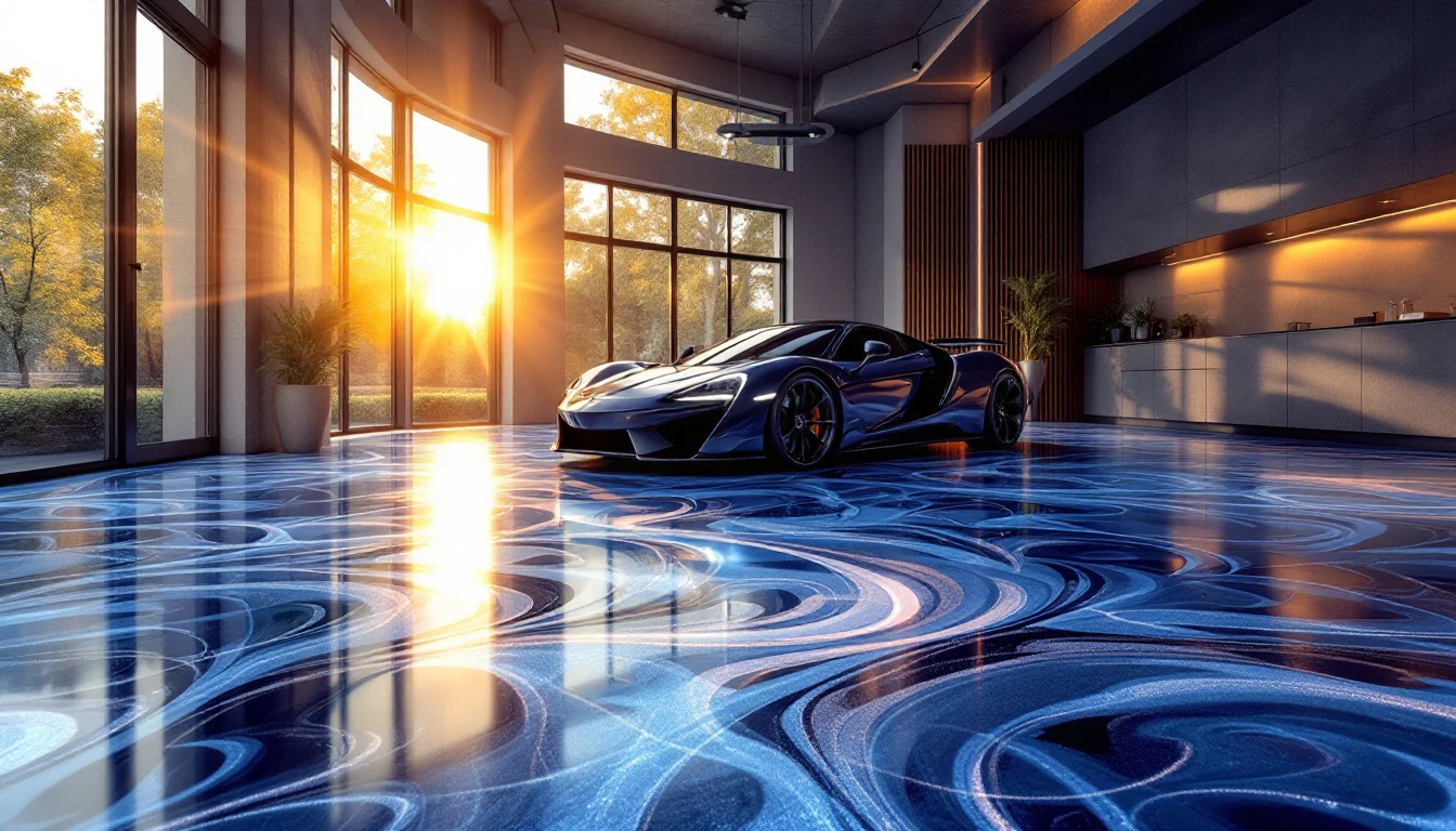 Swirled charcoal and silver metallic epoxy floor with a mirror-like polyaspartic topcoat