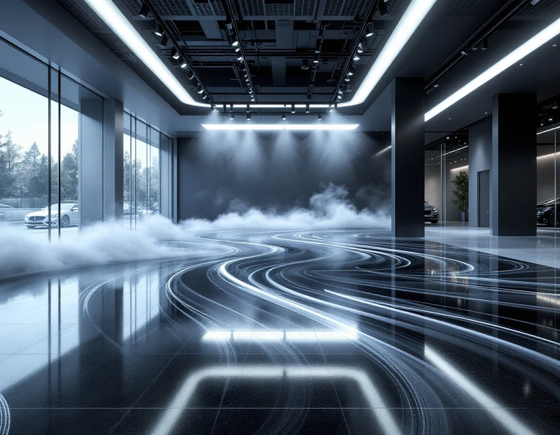 Showroom with charcoal and silver metallic epoxy floor — representative render