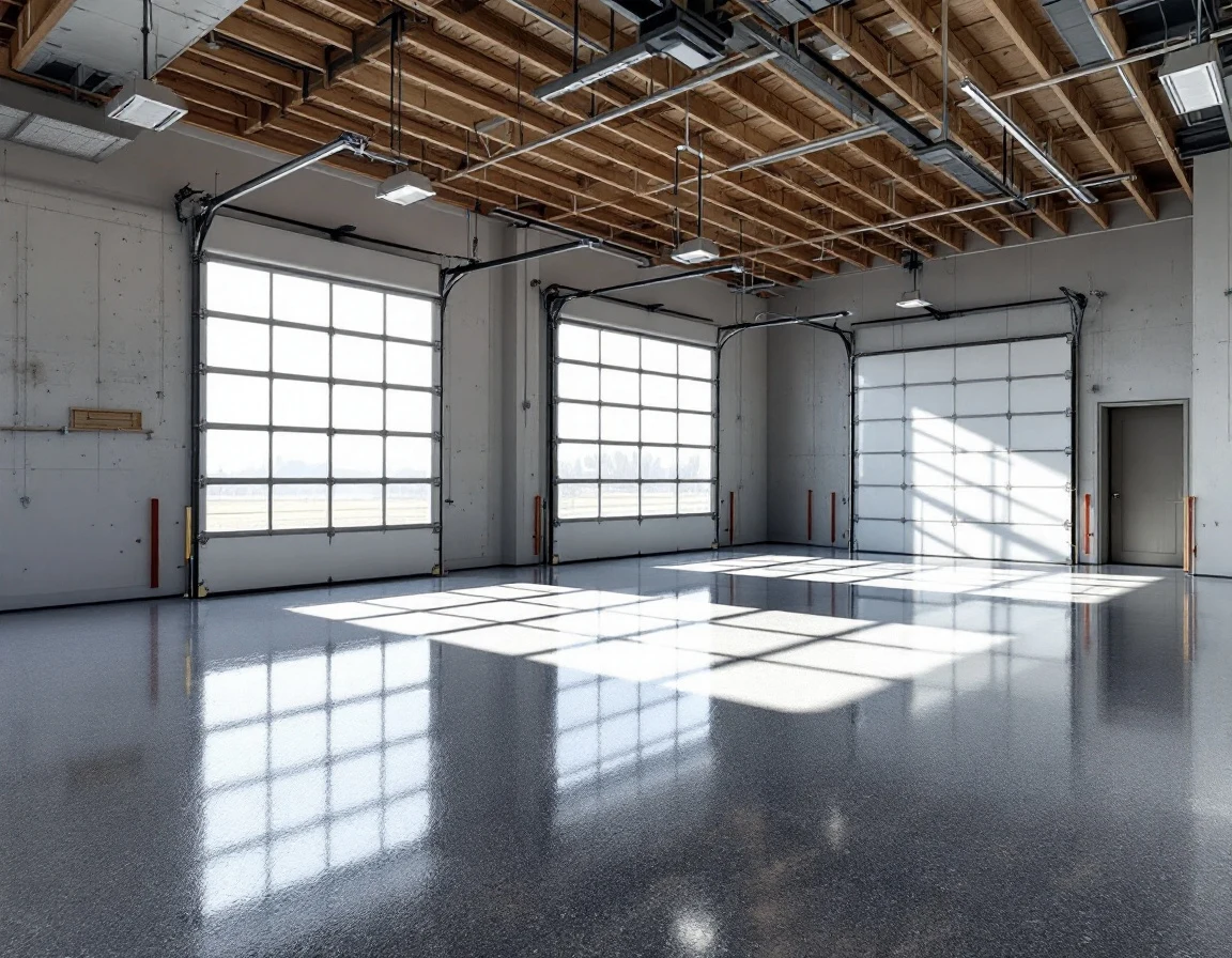 New-construction garage with gray-charcoal full broadcast flake floor