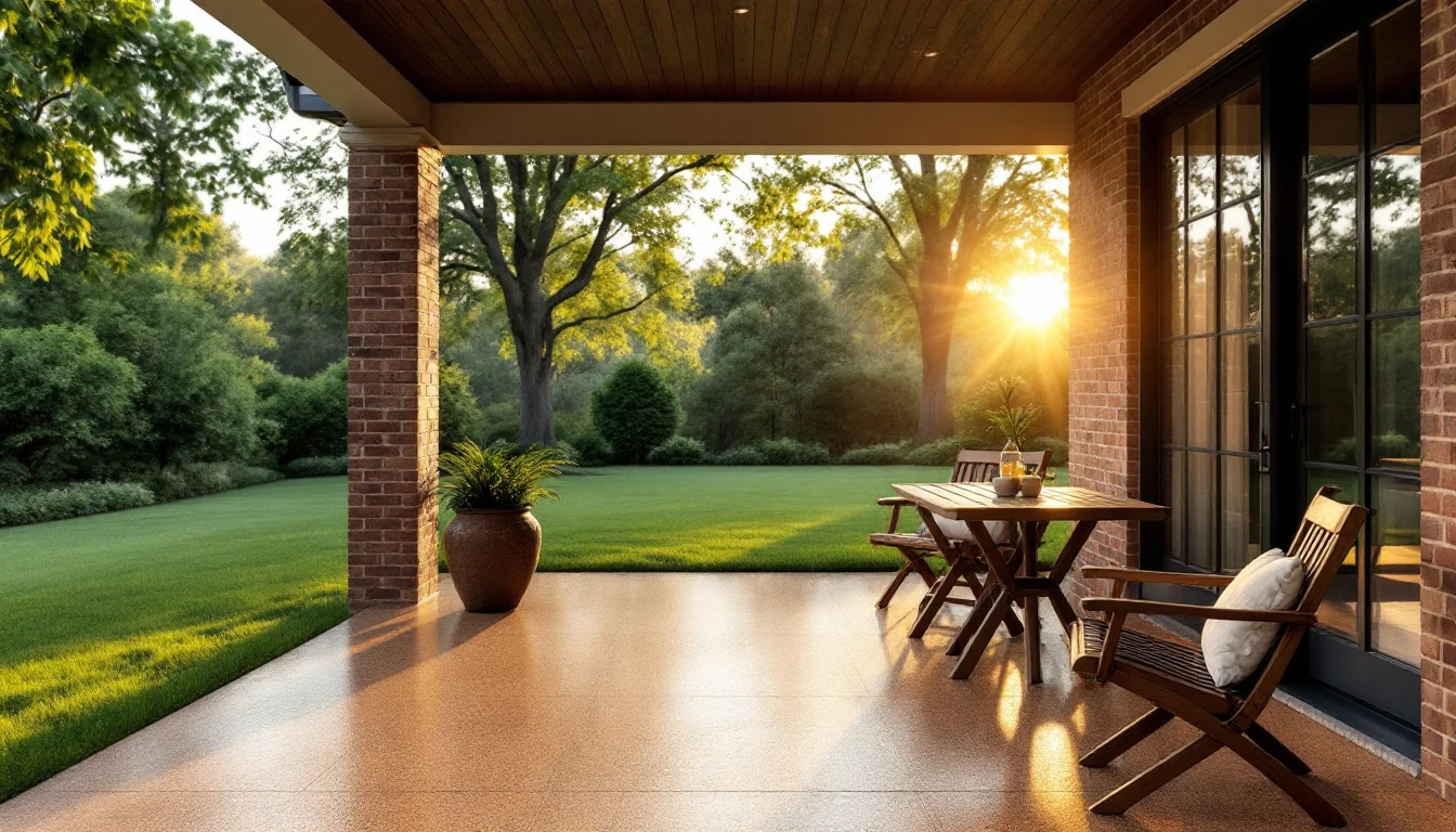 Concrete pool deck with a light tan flake coating bordering a backyard pool in afternoon sun