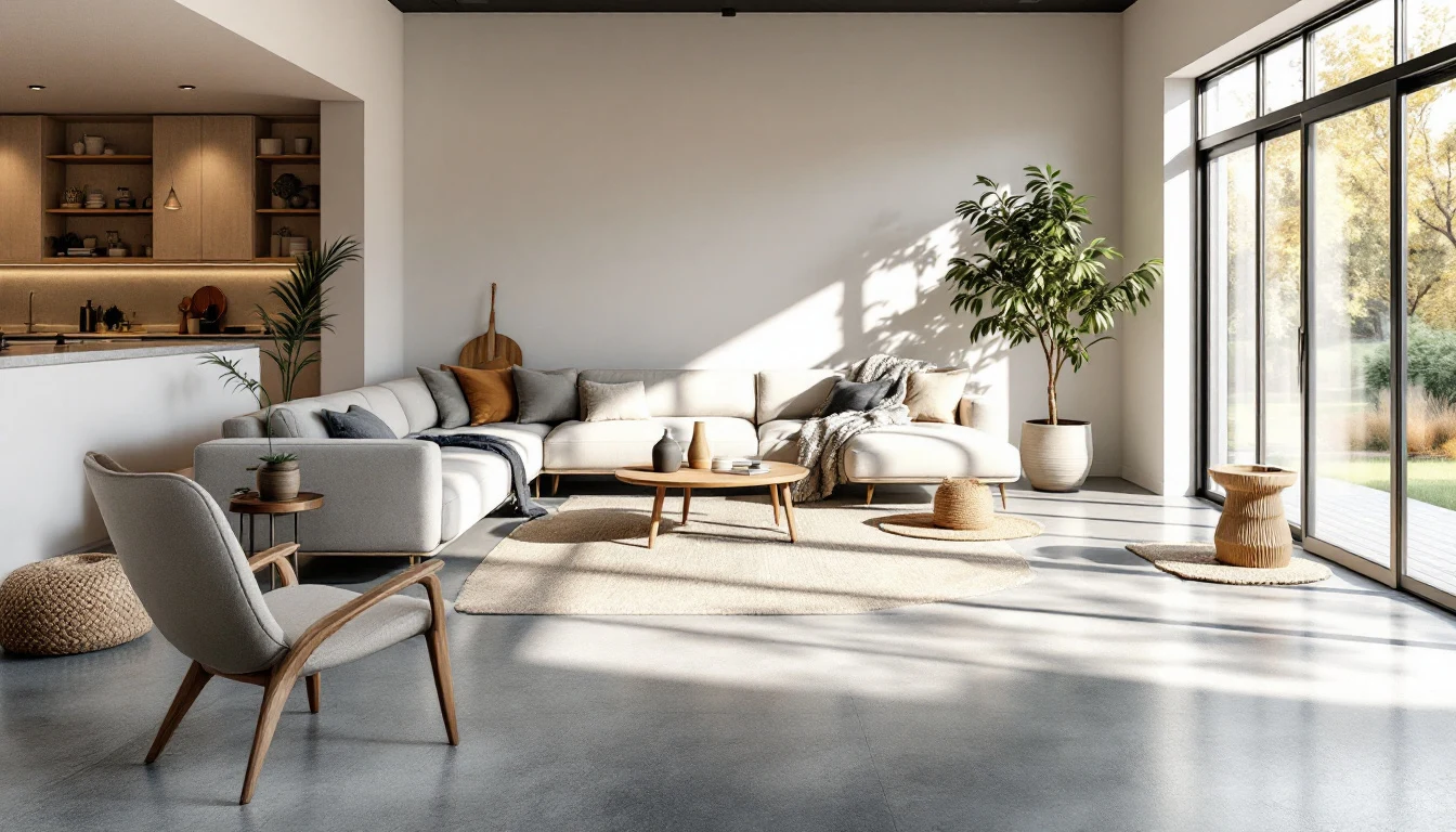 Living room with a satin polished concrete floor in warm gray