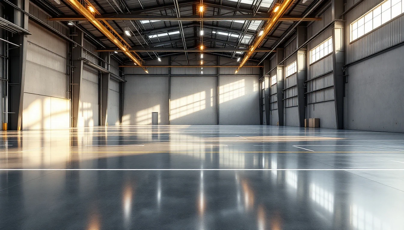Polished concrete warehouse floor reflecting LED highbay lighting