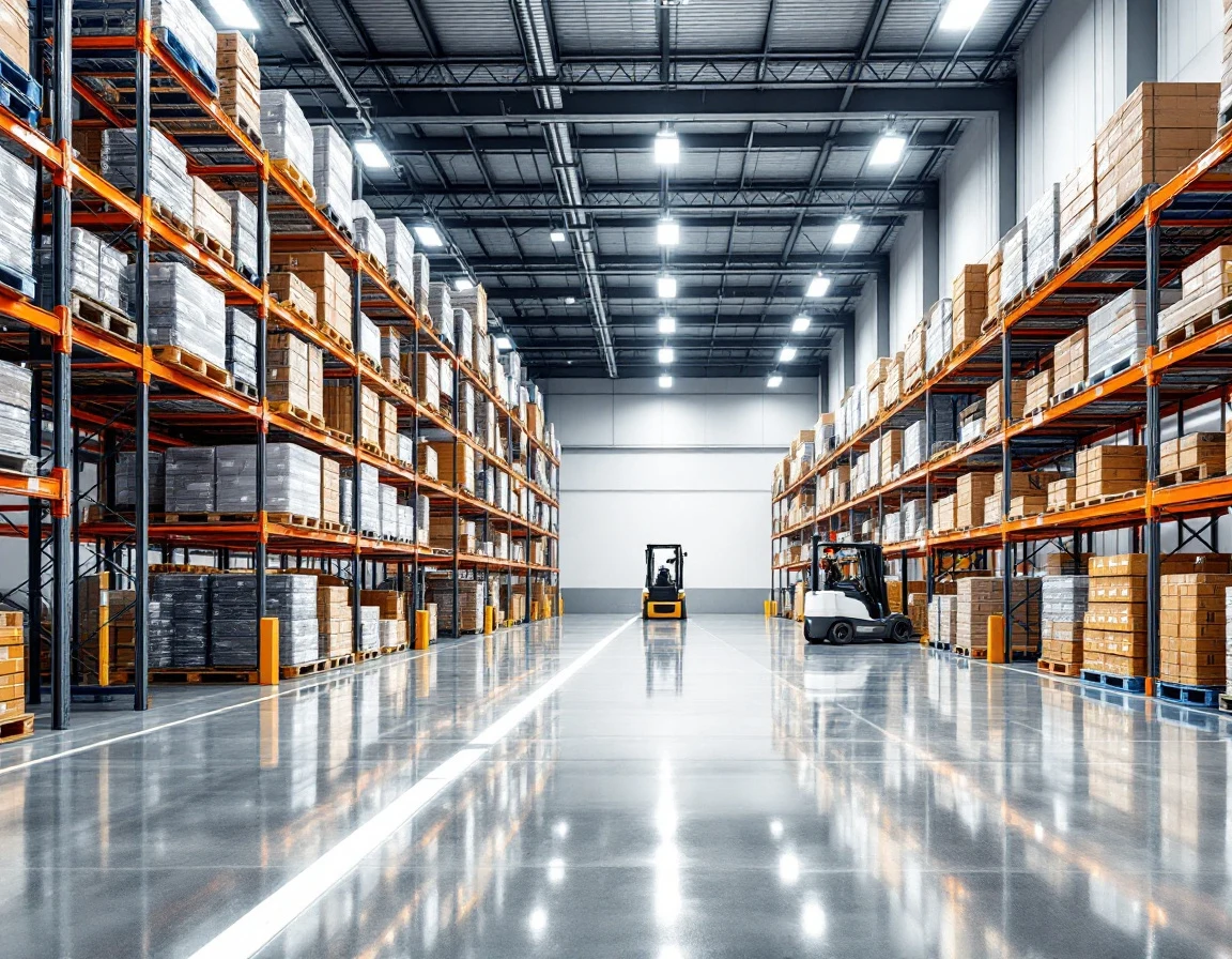 Warehouse bay with semi-gloss polished concrete floor — representative render