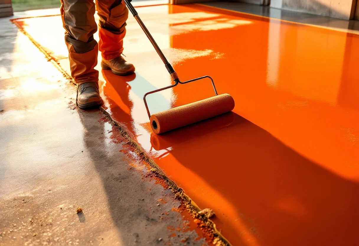 Installer rolling a wet orange-tinted polyurea base coat onto ground concrete