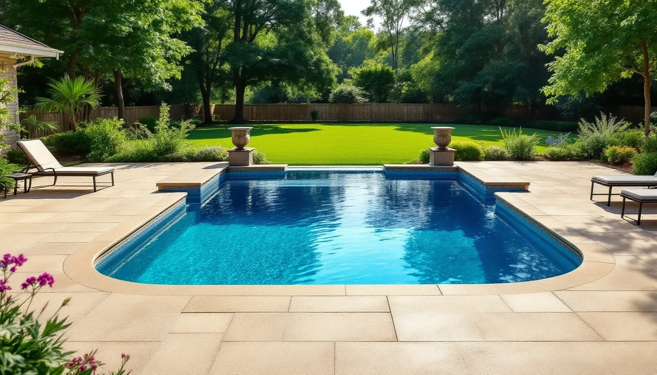 Pool deck with light tan flake-coated concrete around blue water
