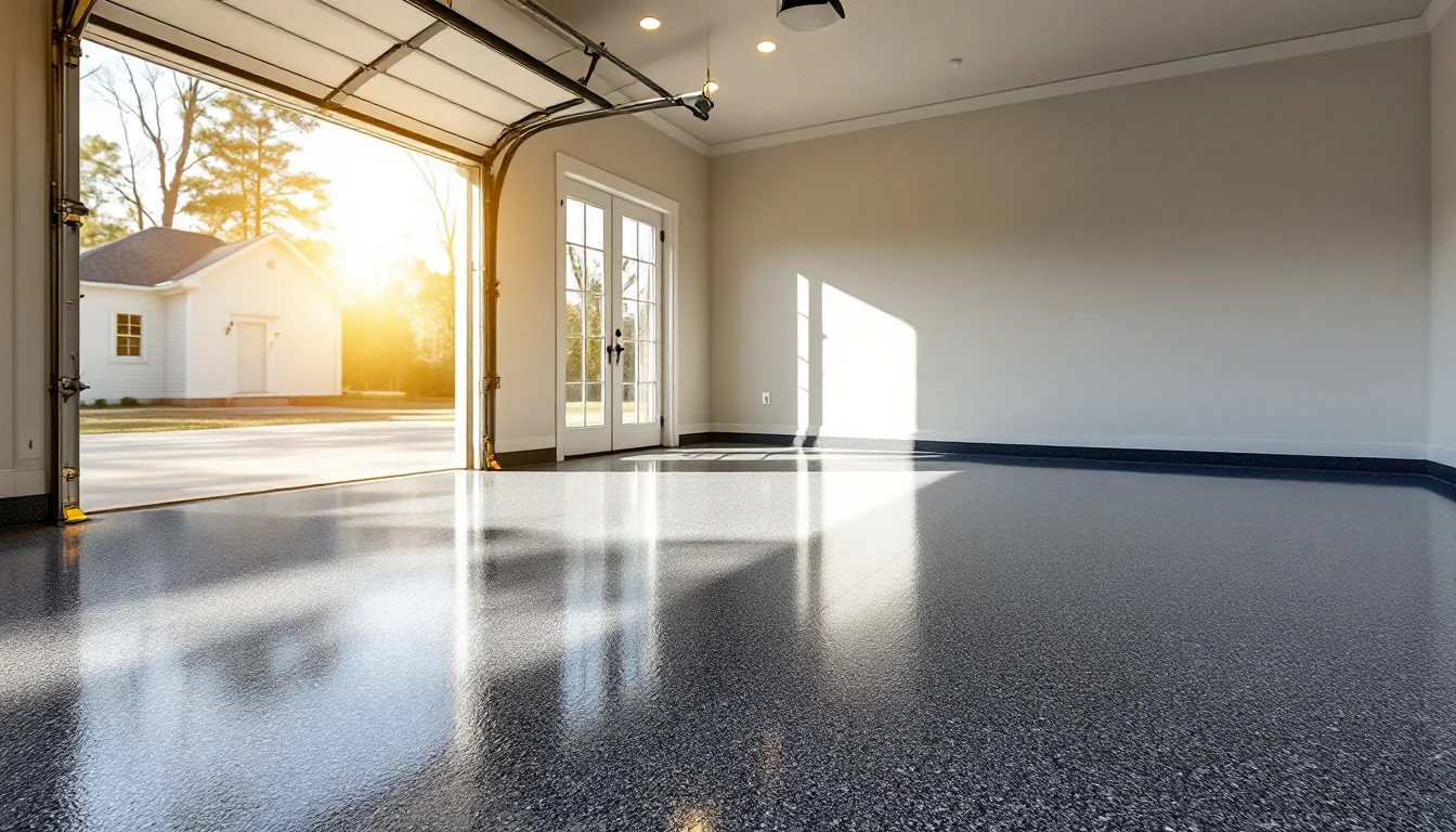 Illustrative render of a flake-coated garage floor