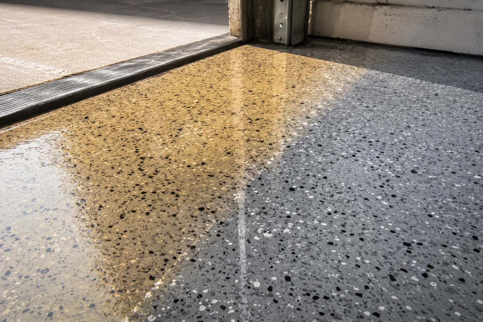 Floor at a sunny garage door line: epoxy section ambered yellow, polyaspartic section still clear